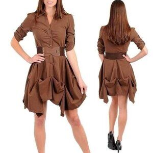 Brown Rolled Tab Sleeve Belted Suede Texture Shirt Dress New